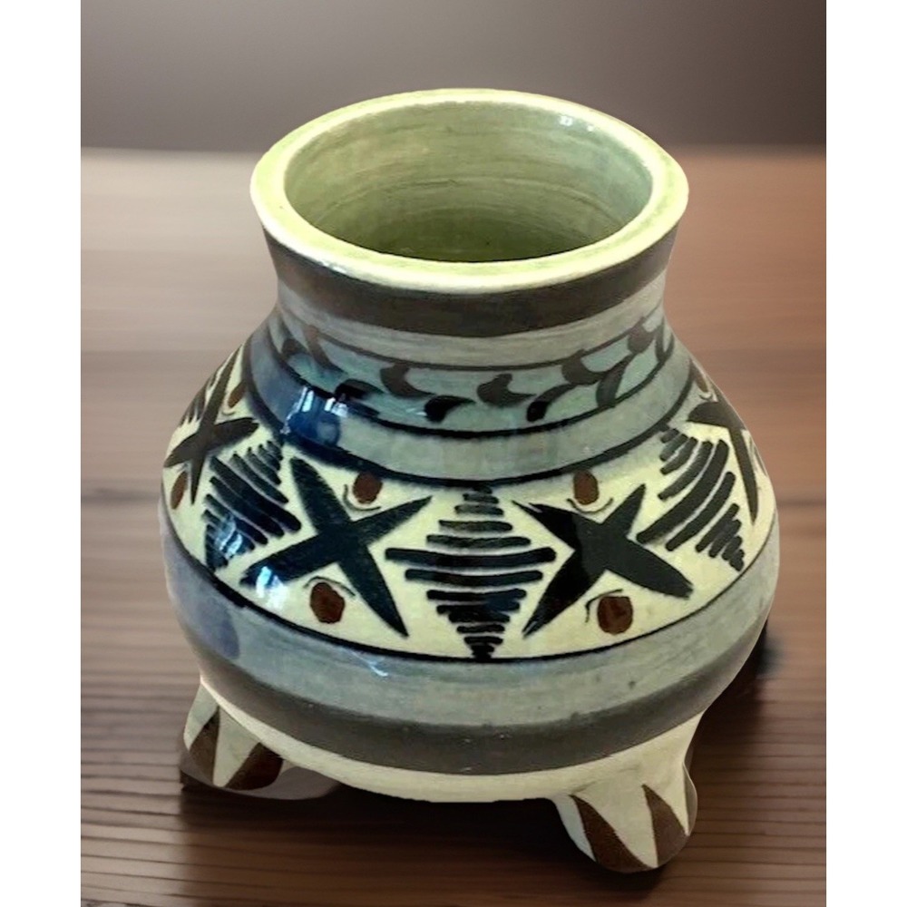 Tonala Pottery Footed Vase Planter Art Studio Blue Green Small 5" Southwest VTG